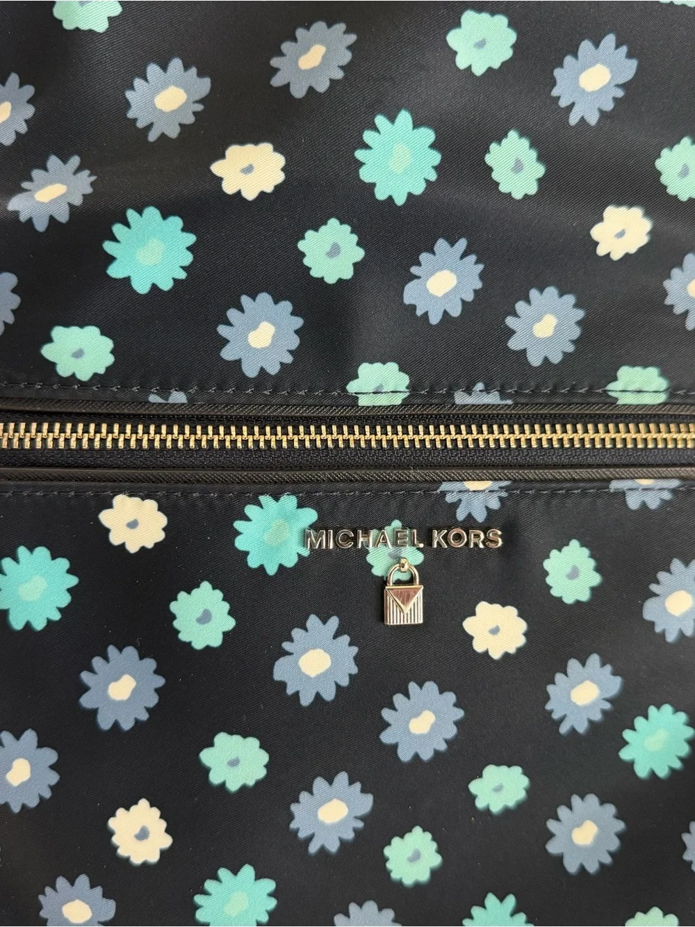 Michael Kors Navy Floral Mini Backpack with Teal and Light Blue Accents